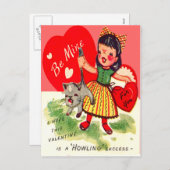 ヴィンテージレトロガール猫バレンタインカード シーズンポストカード (正面/裏面)