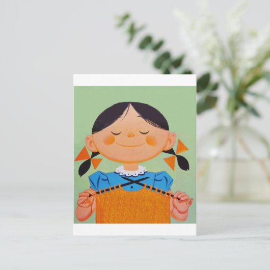 ヴィンテージレトロガール編み物 ポストカード (スタンド正面)