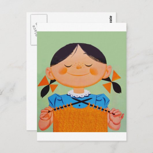 ヴィンテージレトロガール編み物 ポストカード (正面/裏面)