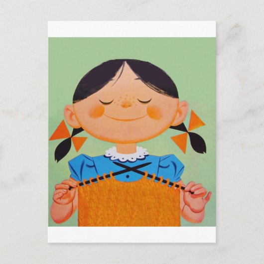 ヴィンテージレトロガール編み物 ポストカード (正面)