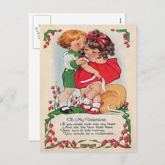 ヴィンテージレトロキッズハグハートバレンタインカード シーズンポストカード (正面/裏面)