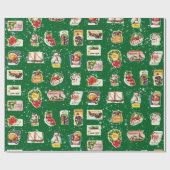 ヴィンテージレトロキッチクリスマスステッカーon Green ラッピングペーパー (フラット)