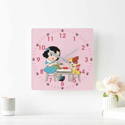 ヴィンテージレトロキッチュ小さな女の子アンドドッグ スクエア壁時計 (ホーム)