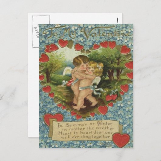 ヴィンテージレトロキューピッキスをするズバレンタインカード シーズンポストカード (正面/裏面)