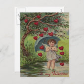 ヴィンテージレトロキューピッドハート傘バレンタインカード シーズンポストカード (正面/裏面)