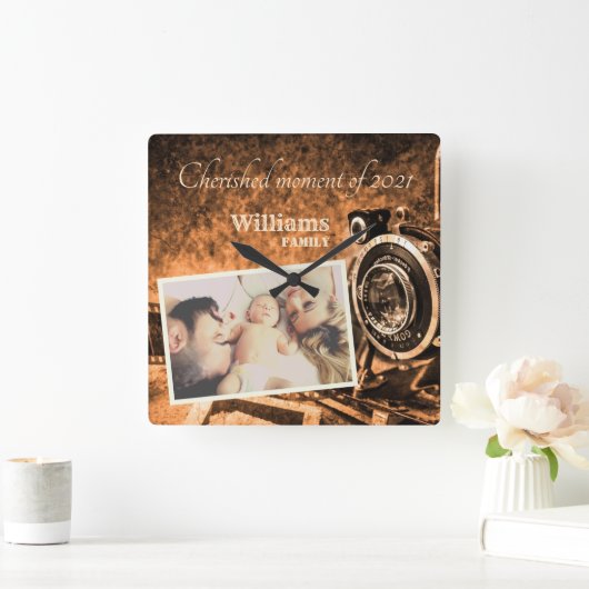 ヴィンテージレトロクラシックカメラカスタムの田舎者の家族  スクエア壁時計 (ホーム)