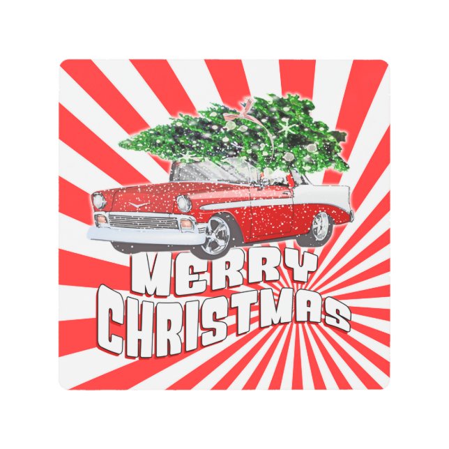 ヴィンテージレトロクラシックカークリスマス メタルプリント (正面)