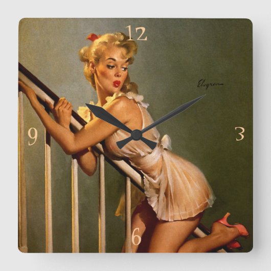 ヴィンテージレトロクラシックピンアップガール スクエア壁時計 (正面)