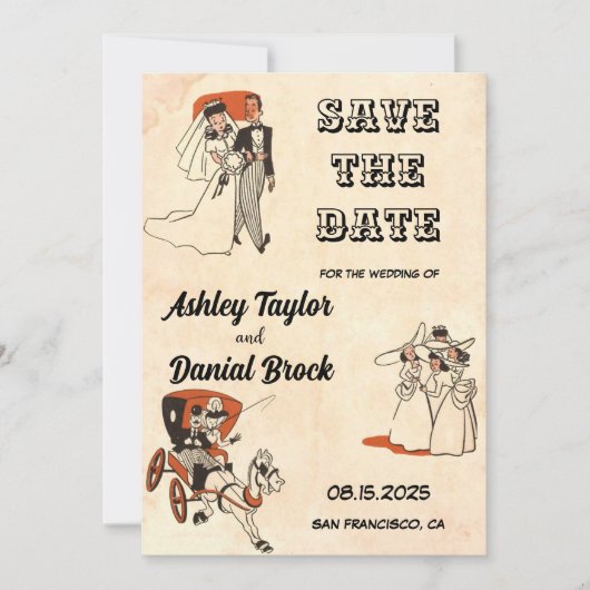 ヴィンテージレトロクラシック漫画結婚式日付の保存 招待状 (正面)