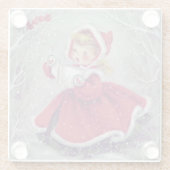 ヴィンテージレトロクリスマスの女の子は雪で歌う ガラスコースター (裏面)