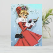 ヴィンテージレトロクリスマスの女性の赤いドレス シーズンカード (スタンド正面)