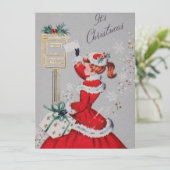 ヴィンテージレトロクリスマスの女性の赤いドレス シーズンカード (スタンド正面)
