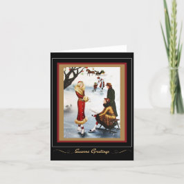 ヴィンテージレトロクリスマスアイススケートで滑る1920sカード シーズンカード