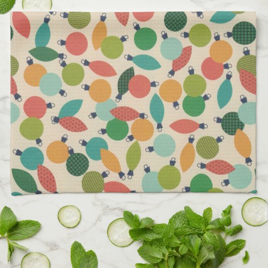 ヴィンテージレトロクリスマスオーナメントとライト キッチンタオル (折り畳み)