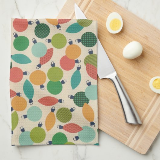 ヴィンテージレトロクリスマスオーナメントとライト キッチンタオル (四つ折り)