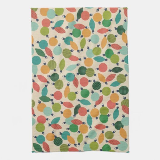 ヴィンテージレトロクリスマスオーナメントとライト キッチンタオル (縦)