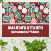 ヴィンテージレトロクリスマスオーナメントと雪 キッチンタオル (折り畳み)