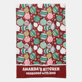 ヴィンテージレトロクリスマスオーナメントと雪 キッチンタオル