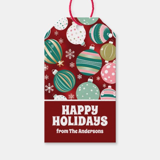 ヴィンテージレトロクリスマスオーナメントと雪 ギフトタグ (正面)