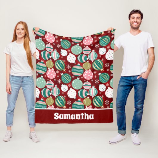 ヴィンテージレトロクリスマスオーナメントと雪 フリースブランケット (インサイチュ)