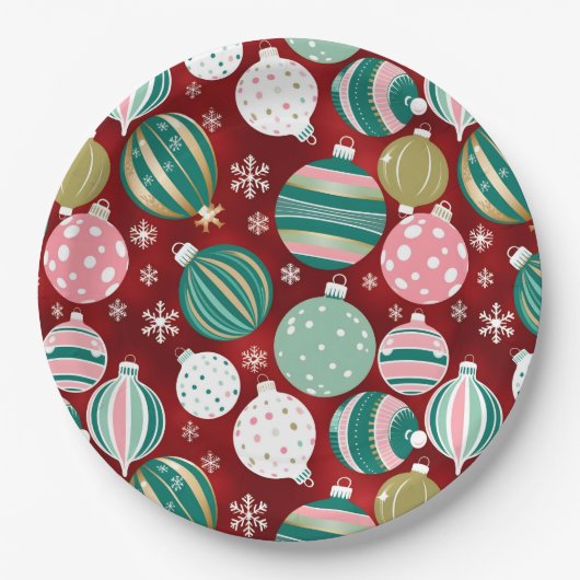 ヴィンテージレトロクリスマスオーナメントと雪 ペーパープレート (正面)