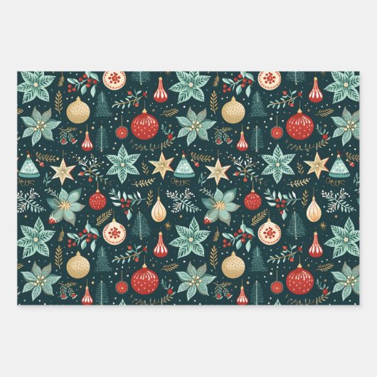 ヴィンテージレトロクリスマスオーナメント休日 ラッピングペーパーシート (正面3)