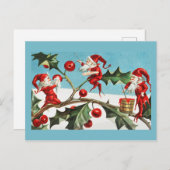 ヴィンテージレトロクリスマスカードホリー&ピクシー シーズンポストカード (正面/裏面)