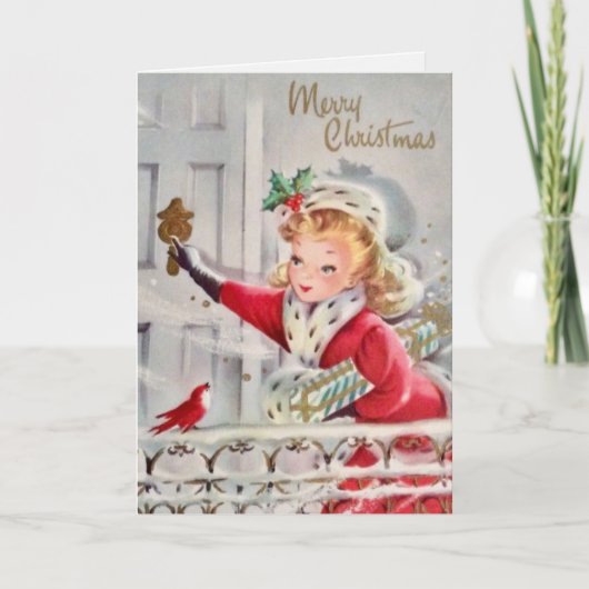 ヴィンテージレトロクリスマスガールとギフトカスタム シーズンカード (正面)