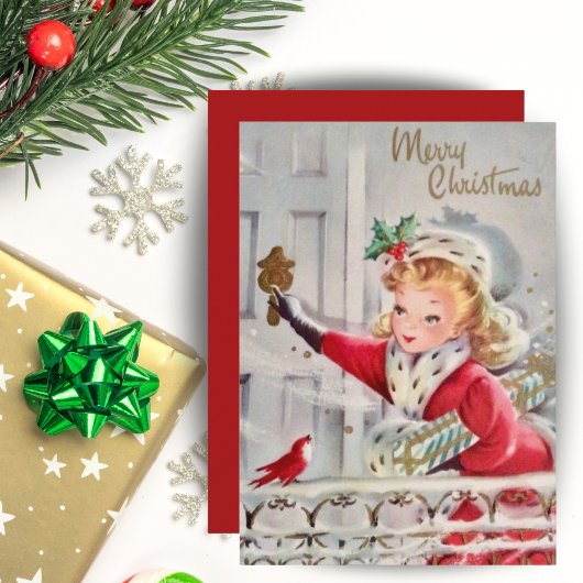 ヴィンテージレトロクリスマスガールとギフトカスタム シーズンカード
