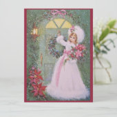 ヴィンテージレトロクリスマスガールとポインセチア シーズンカード (スタンド正面)