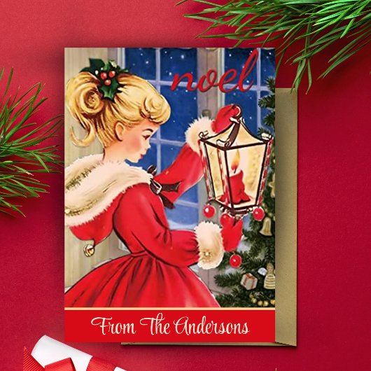 ヴィンテージレトロクリスマスガールインポニーテールカスタム シーズンカード