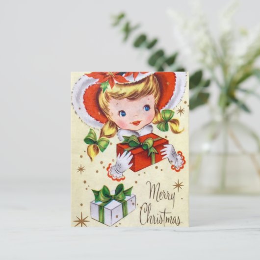 ヴィンテージレトロクリスマスガールホリディポストカード シーズンポストカード (スタンド正面)