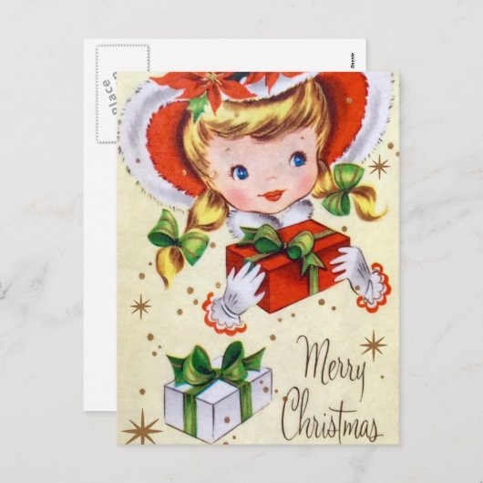 ヴィンテージレトロクリスマスガールホリディポストカード シーズンポストカード (正面/裏面)