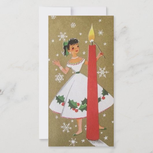 ヴィンテージレトロクリスマスガール金ゴールドと白 シーズンカード (正面)