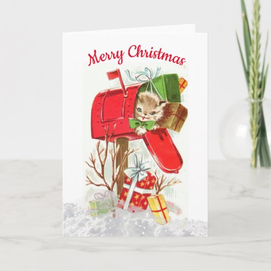ヴィンテージレトロクリスマスキャットグリーティングカード サンキューカード (正面)