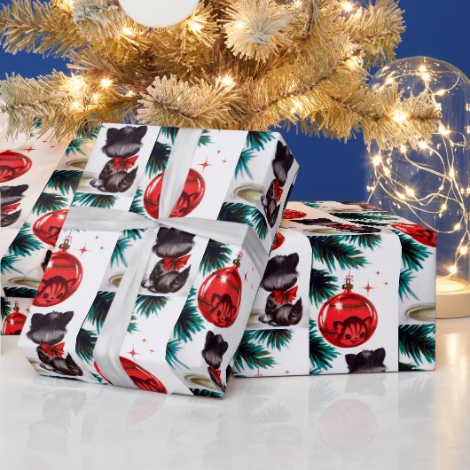 ヴィンテージレトロクリスマスキャットパーティーラップ ラッピングペーパー (クリスマス)