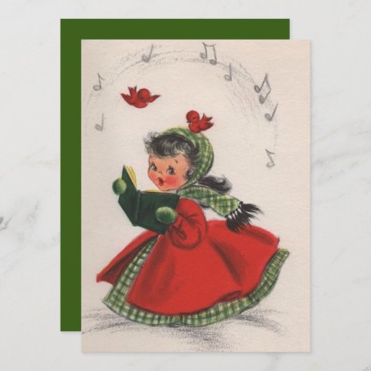 ヴィンテージレトロクリスマスキャロリングガール シーズンカード (正面/裏面)