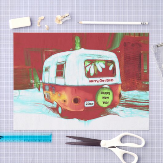 ヴィンテージレトロクリスマスキャンパーグリーンレッドホリデー 薄葉紙 (クラフト)