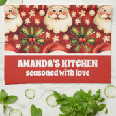 ヴィンテージレトロクリスマスサンタクロースアンドボウズ キッチンタオル (折り畳み)