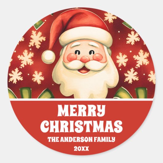 ヴィンテージレトロクリスマスサンタクロースアンドボウズ ラウンドシール (正面)