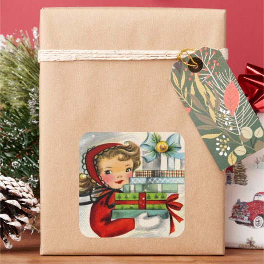 ヴィンテージレトロクリスマスショッピングガールステッカー スクエアシール (クリスマス)