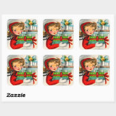 ヴィンテージレトロクリスマスショッピングガールステッカー スクエアシール (シート)