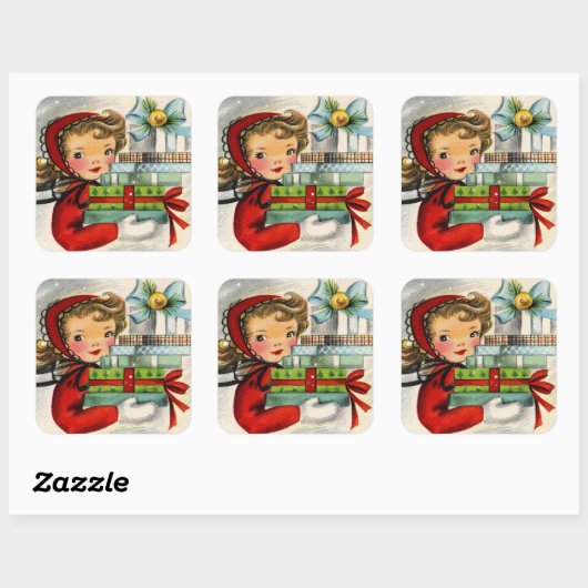 ヴィンテージレトロクリスマスショッピングガールステッカー スクエアシール (シート)