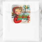 ヴィンテージレトロクリスマスショッピングガールステッカー スクエアシール (バッグ)