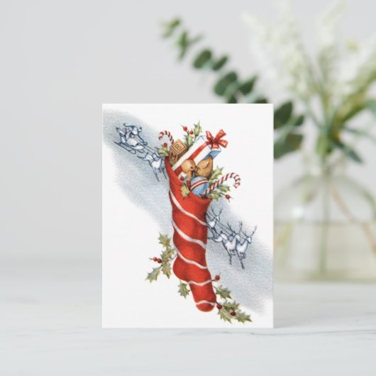 ヴィンテージレトロクリスマスストッキングはがき シーズンポストカード (スタンド正面)