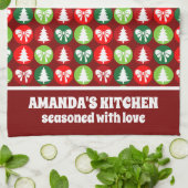 ヴィンテージレトロクリスマスツリーと弓パターン キッチンタオル (折り畳み)