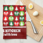 ヴィンテージレトロクリスマスツリーと弓パターン キッチンタオル (四つ折り)