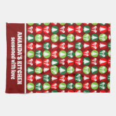 ヴィンテージレトロクリスマスツリーと弓パターン キッチンタオル (横)
