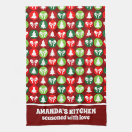 ヴィンテージレトロクリスマスツリーと弓パターン キッチンタオル