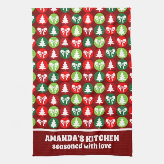 ヴィンテージレトロクリスマスツリーと弓パターン キッチンタオル (縦)